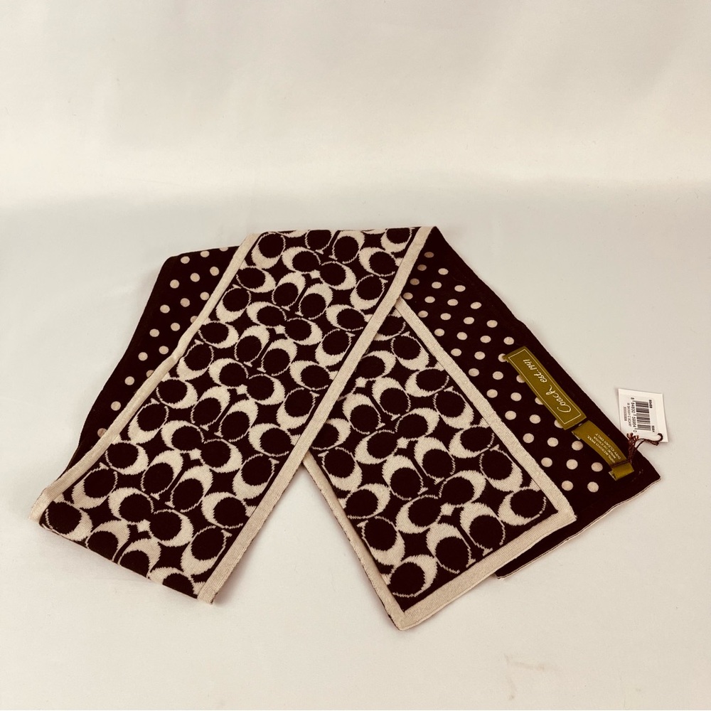 NWT Coach Signature C and Polka Dot Reversible Skinny Scarf Brown Cream - Picture 9 of 10